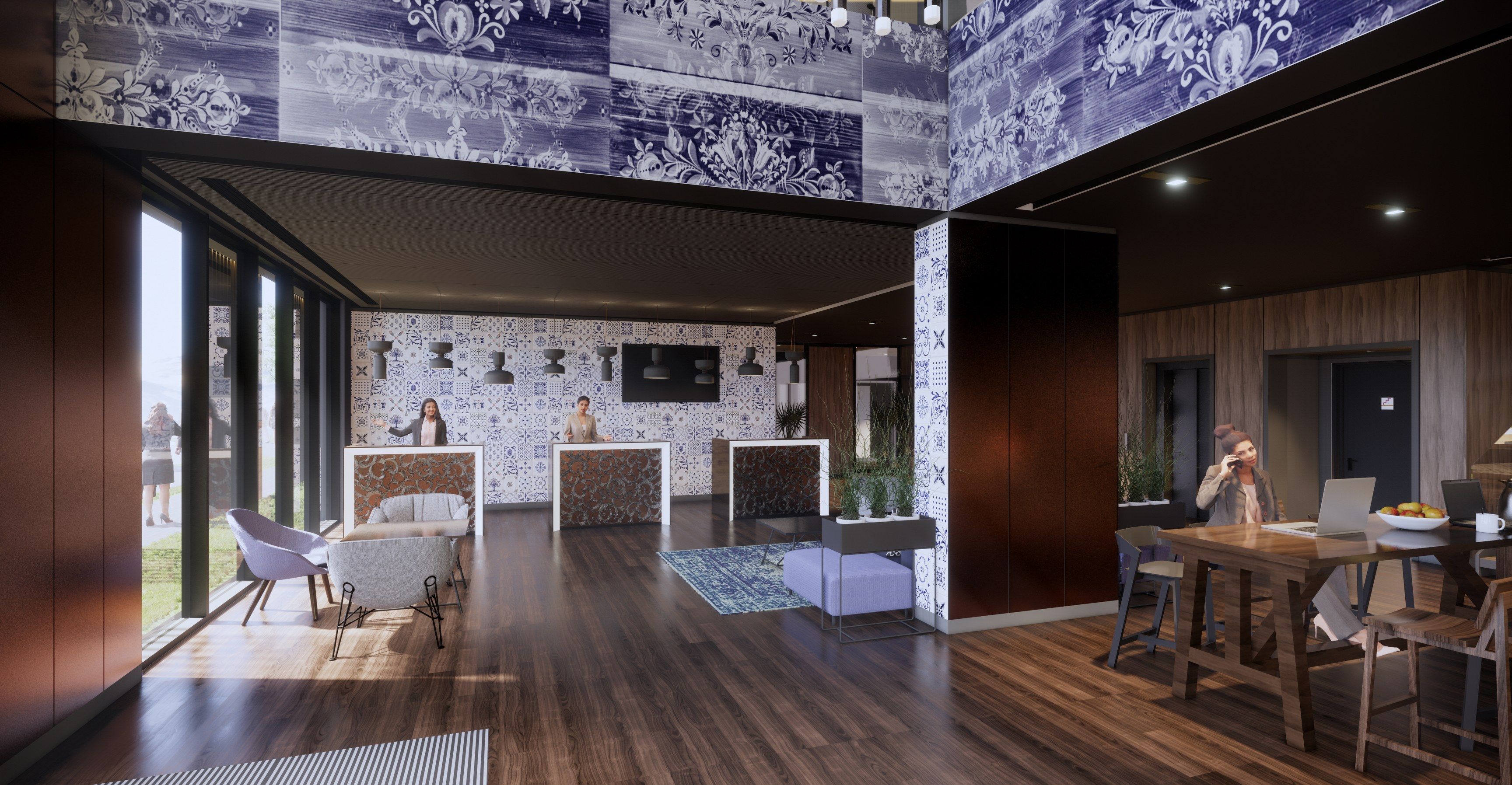 A modern interior with a large open space, wooden flooring, and a patterned wall.