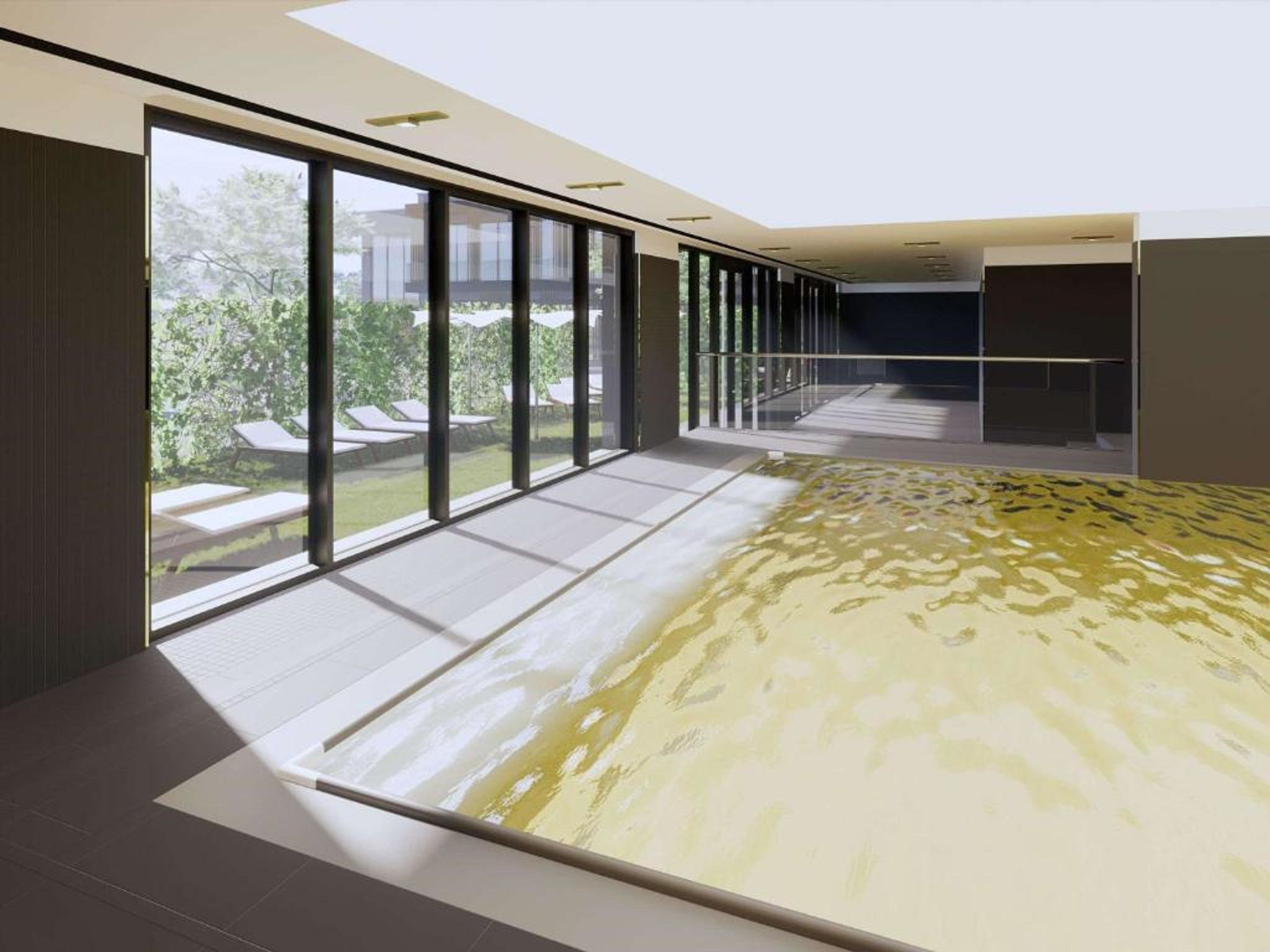 Un interior moderno con ventanas amplias, suelo reflectante y diseño minimalista.