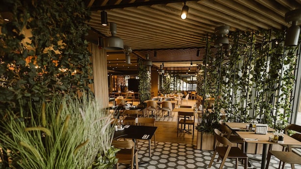 Interior de restaurant amb sòl de patró hexagonal, taules i cadires de fusta, plantes penjants i il·luminació pendent.
