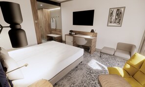 Une chambre d’hôtel avec un lit, un bureau, une chaise, une télévision et un tableau encadré au mur.