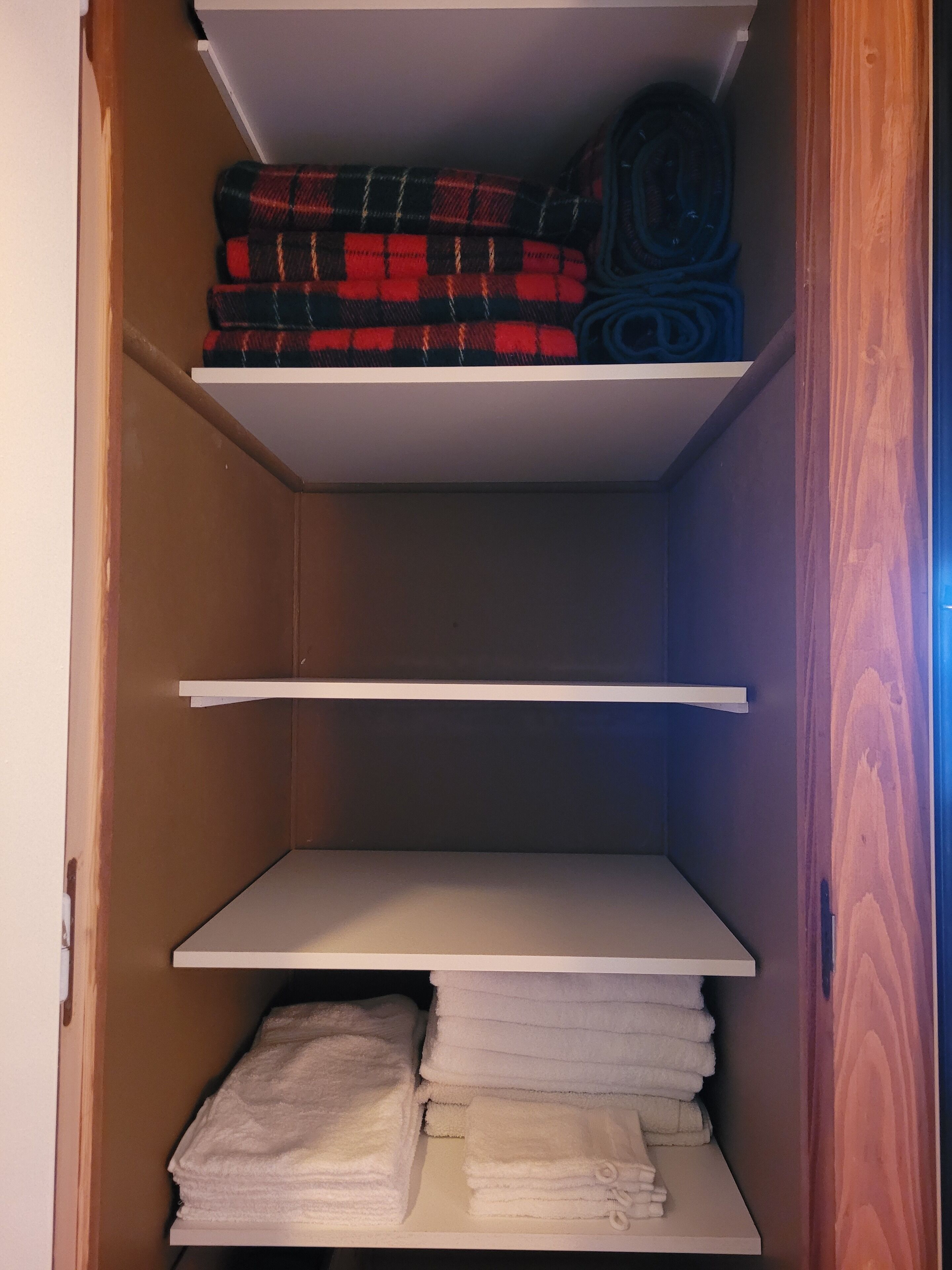 A closet with shelves containing folded towels and a plaid blanket.