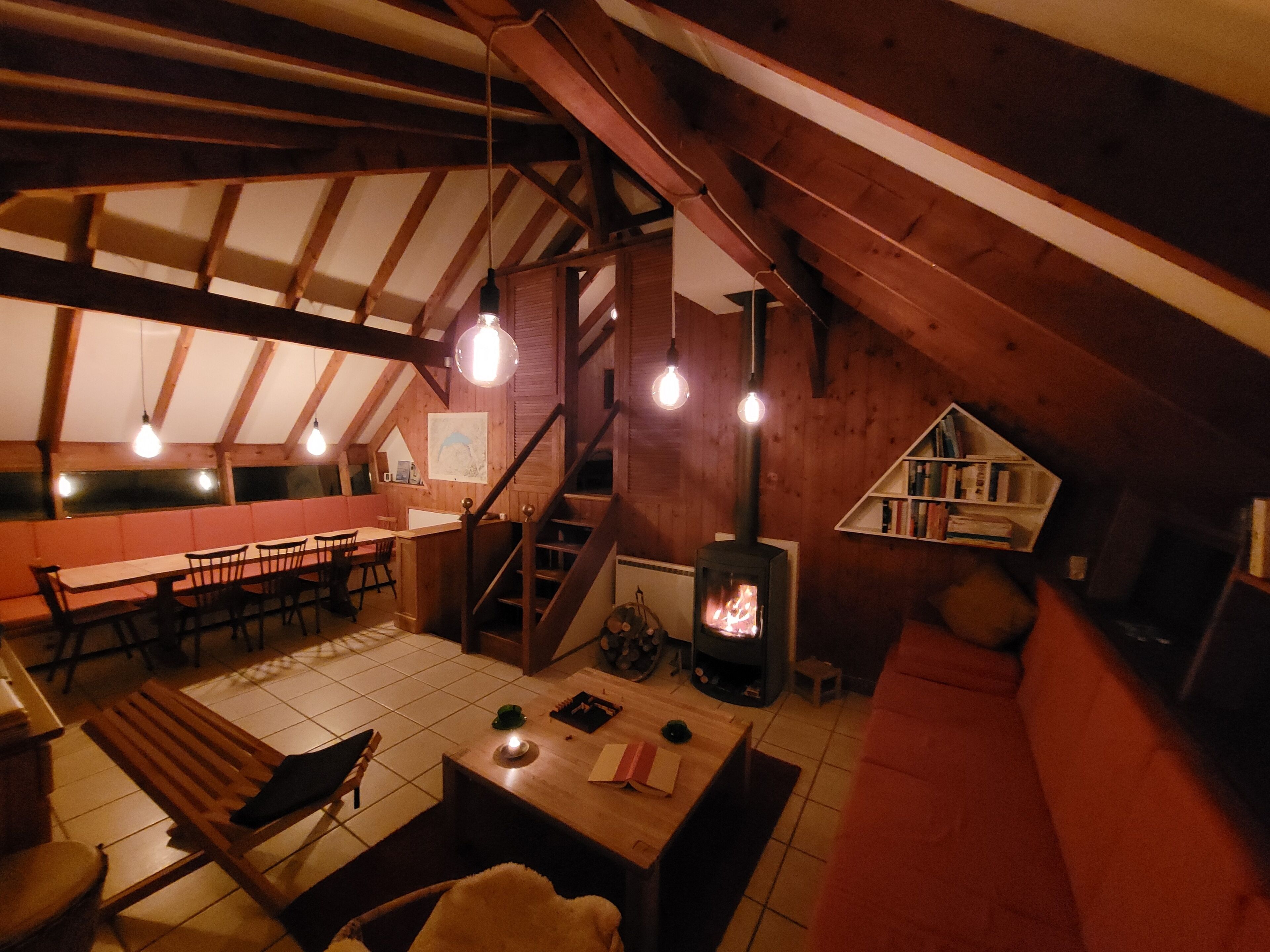 Télévision, cheminée, lecteur de DVD, livres