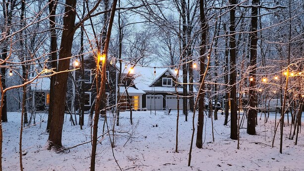 A snow-covered landscape with a house and trees. - Secluded in The Woods (Dana)