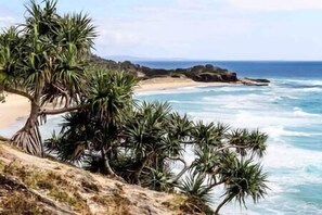 Un paysage côtier avec une plage, des vagues et des palmiers.