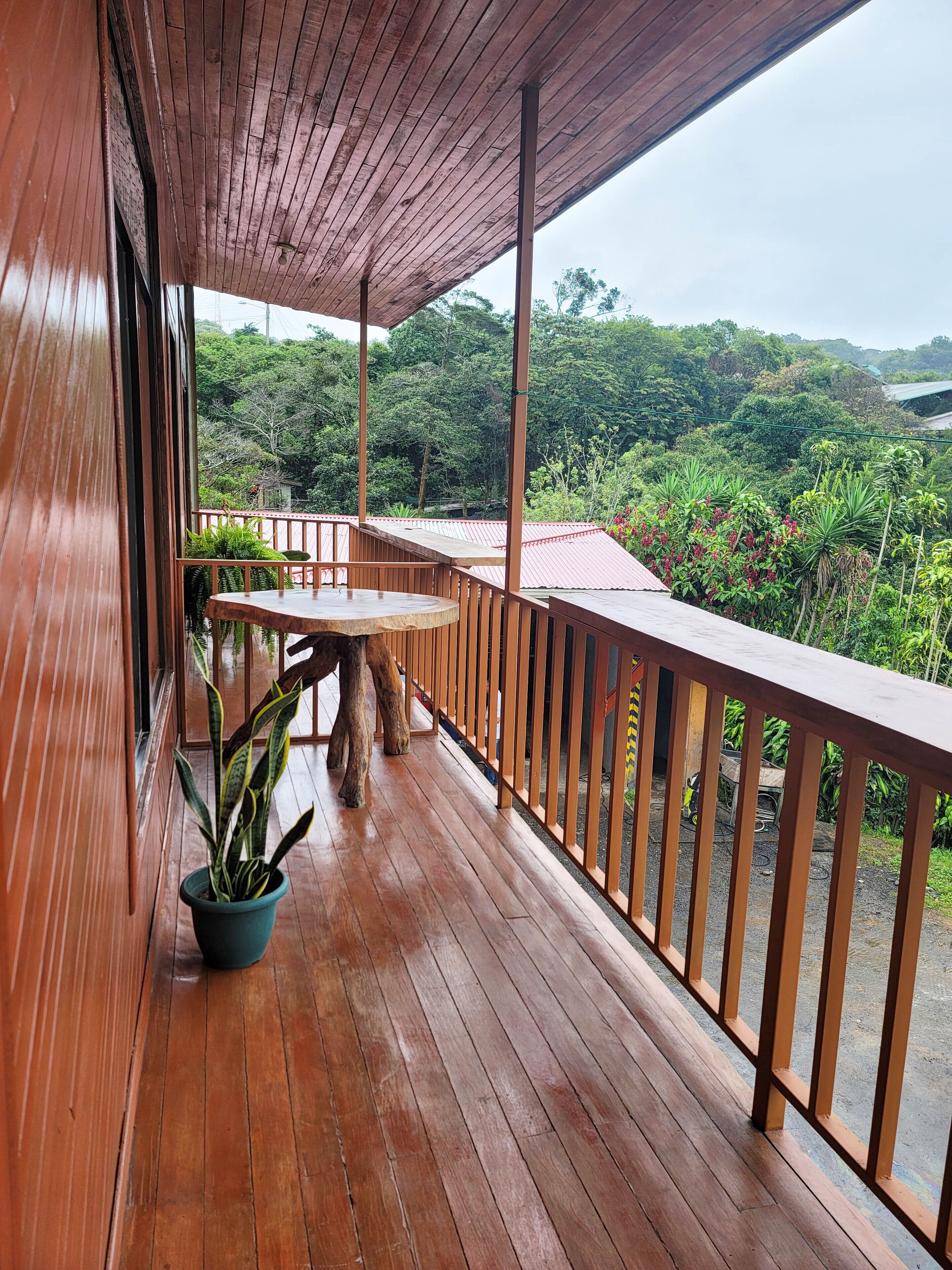 A wooden deck with a railing, potted plants, and a view of a lush, green landscape.