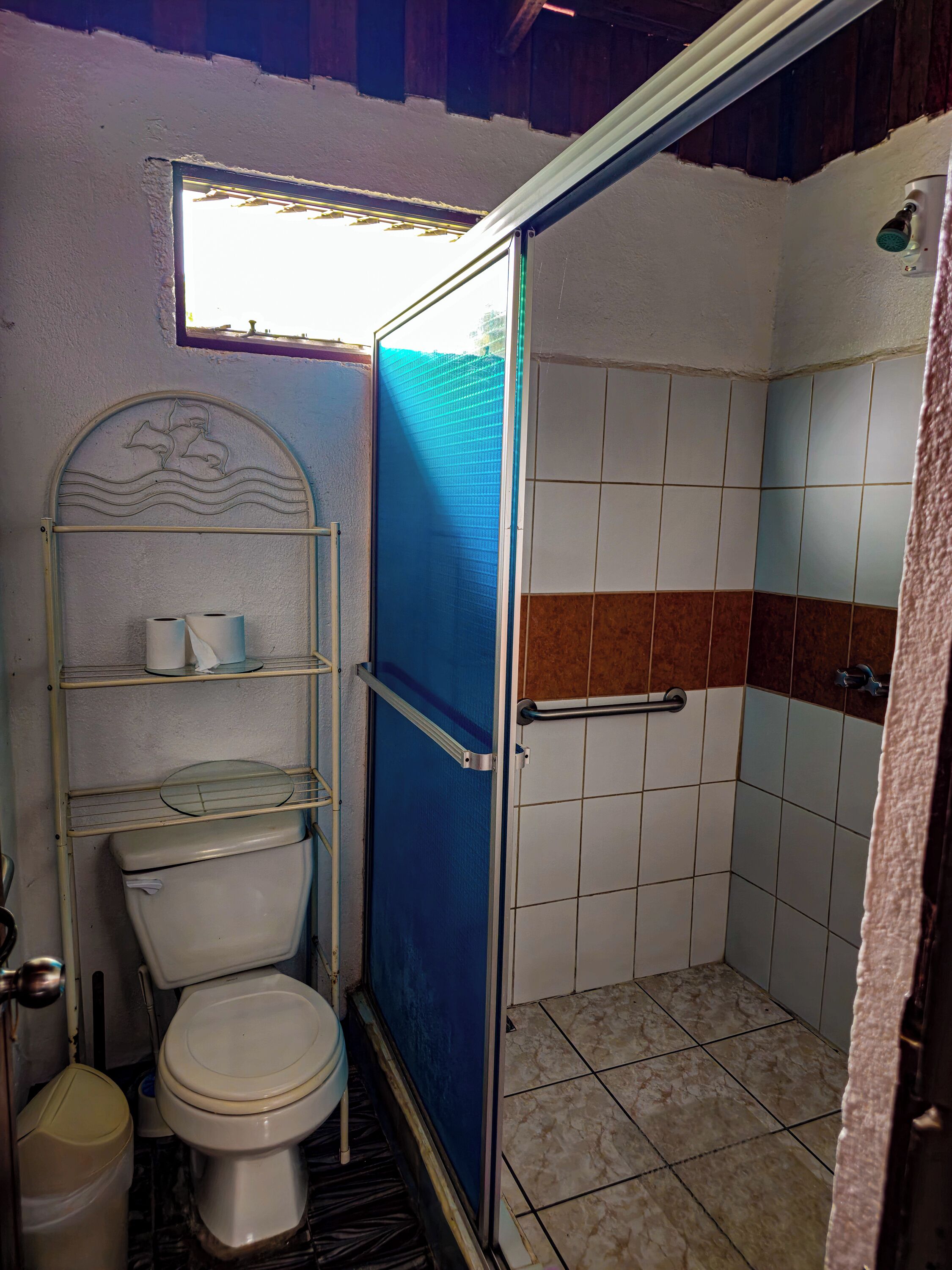Een kleine badkamer met toilet, een plankje met toiletartikelen, een douchegedeelte met een blauw gordijn en betegelde wanden.