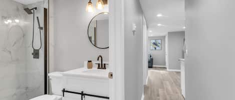 Hair dryer, towels, toilet paper