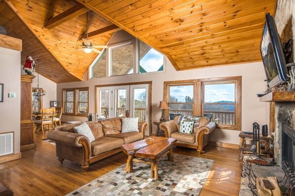 Smart TV, fireplace, video games, DVD player