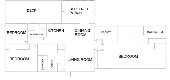 A floor plan with a deck, screened porch, two bedrooms, a dining room, kitchen, living room, laundry, office, closet, and bathroom.