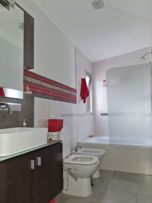 Shower, hair dryer, bidet, towels