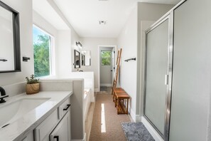 Hair dryer, towels, soap, shampoo