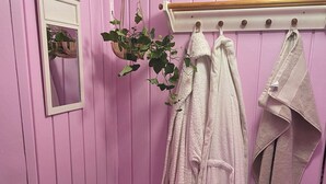 Une pièce aux murs roses, avec un banc, une plante suspendue et des serviettes rangées sur un porte-serviettes.