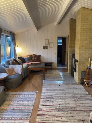 En hyggelig stue med sofa, sofabord og pejs.