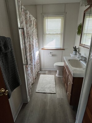 Une petite salle de bain comprenant des toilettes, un lavabo et un espace douche.
