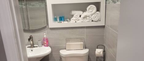 Shower, hair dryer, towels, soap