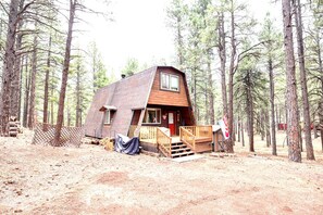 A cabin with a sloped roof, a front porch, and a fenced yard. - Grand Gateway Cabin | 1-Acre Pine Retreat, Rt. 66 (Williams)