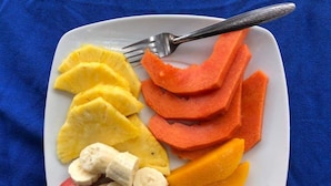 A plate of sliced fruits including pineapple, mango, banana, and apple. - Hotel y Restaurante Casa Jardines (San Benito)