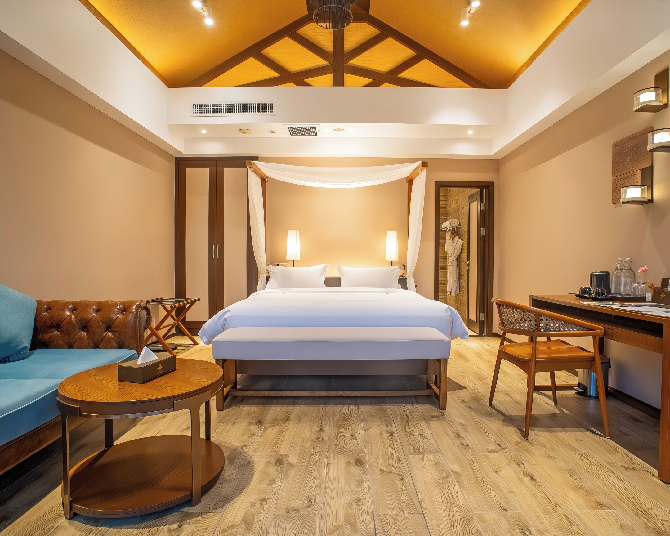 A hotel room with a bed, a desk, a chair, a sofa, and a small table.