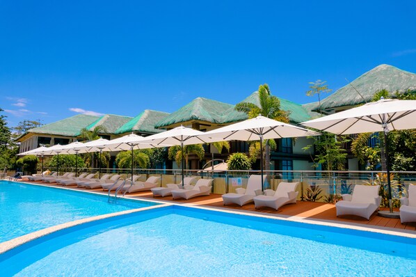 Utendørsbasseng, bassengparasoller og solsenger