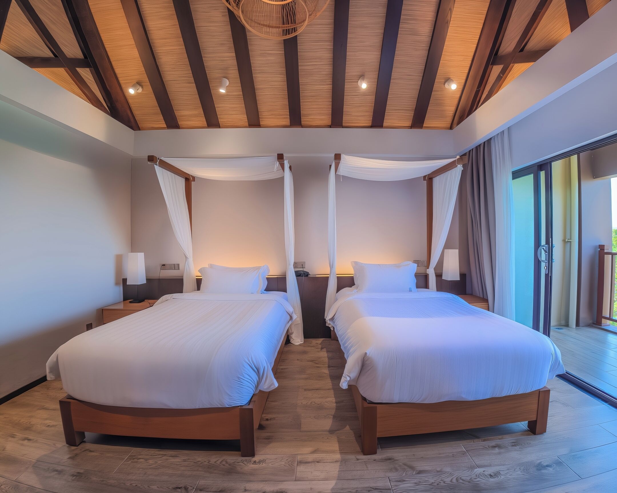 Une chambre double avec deux lits, un plancher en bois, un plafond en bois avec des poutres apparentes et une grande fenêtre.