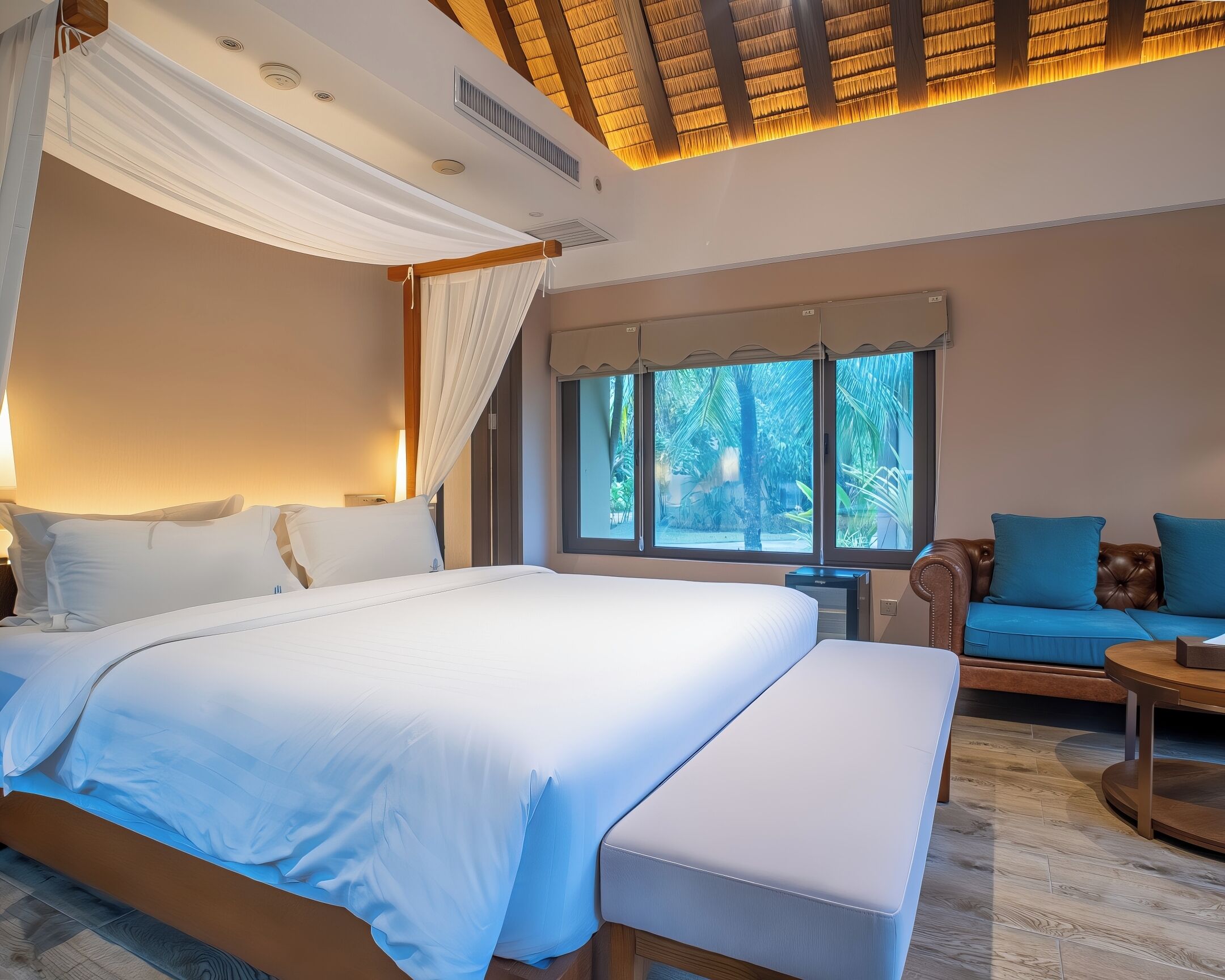 A bedroom with a large bed, a sofa, a window with a view of greenery, and a ceiling with a patterned design.
