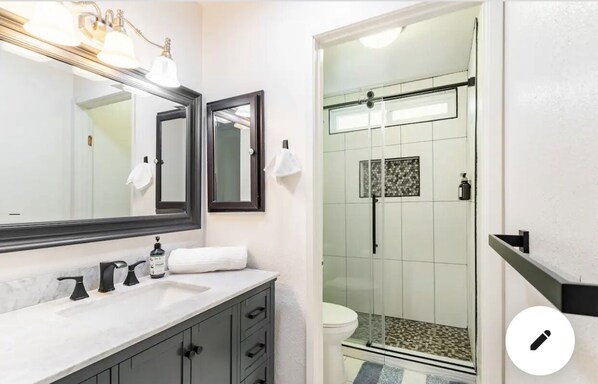 Hair dryer, towels, soap, shampoo