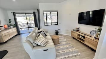 Smart TV, chimenea, libros