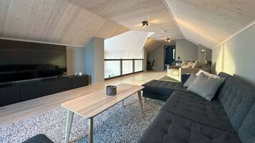 Smart TV, chimenea, futbolito, libros