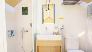 Une petite salle de bain avec un lavabo blanc, un miroir, des toilettes et un espace douche.