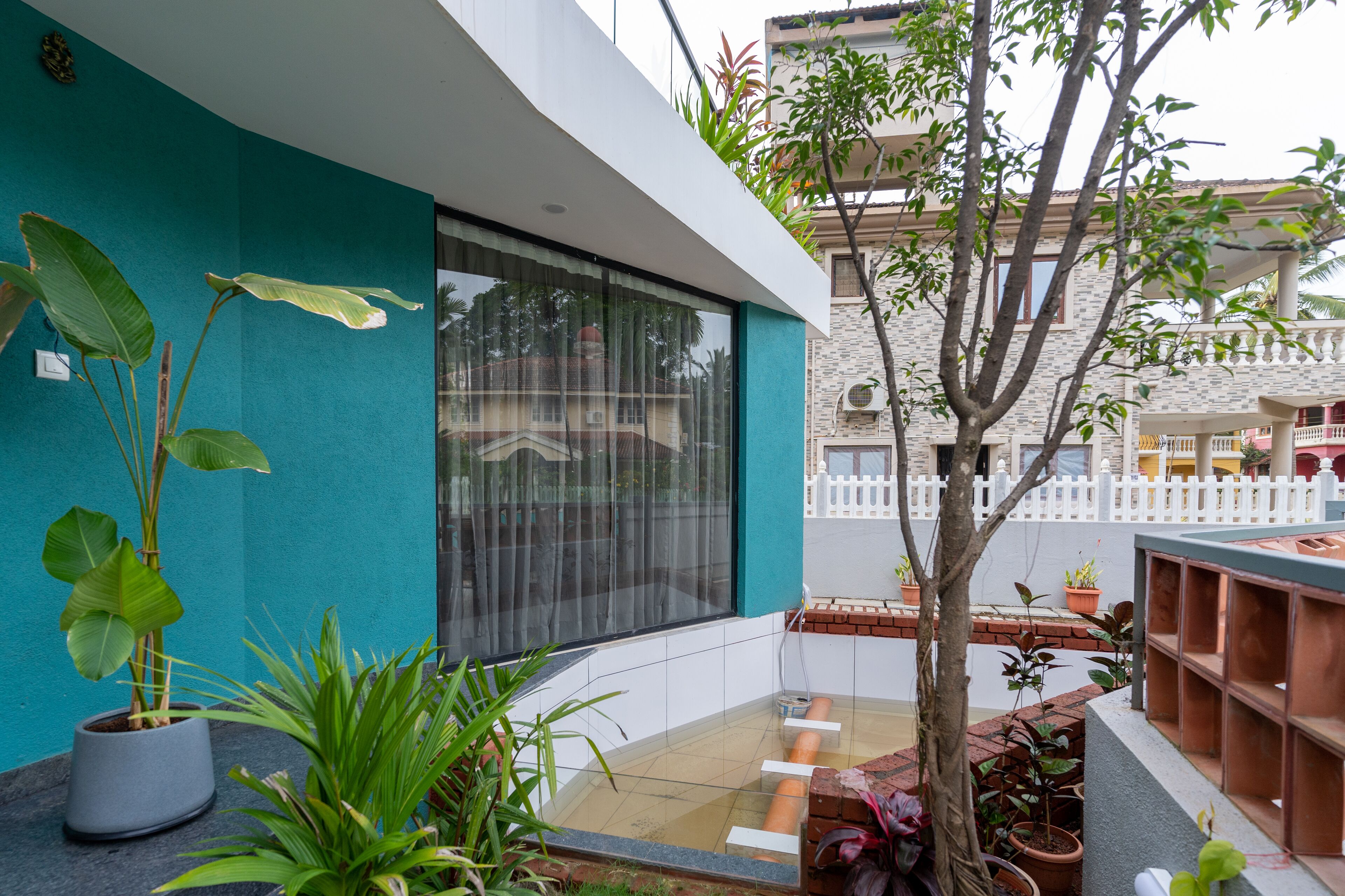 A modern building with a teal exterior, large windows, and a variety of potted plants.