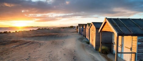On the beach, sun-loungers