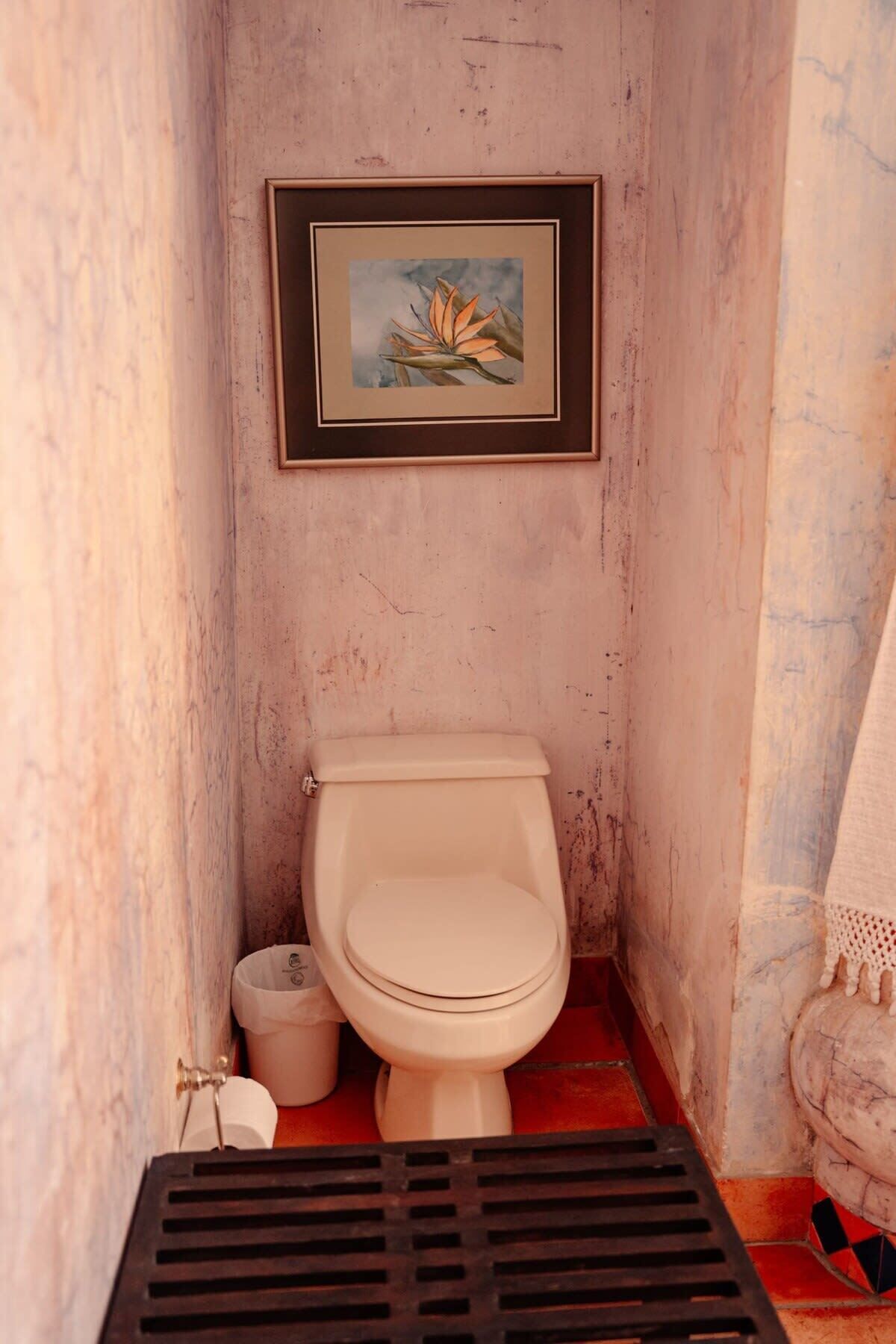 A small, narrow bathroom with a toilet, a trash bin, and a framed picture on the wall.