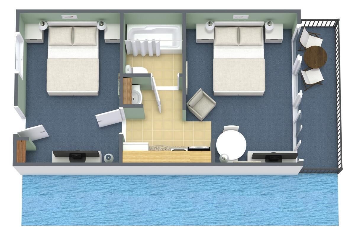 A boat with two bedrooms, a bathroom, a dining area, and a small kitchen.