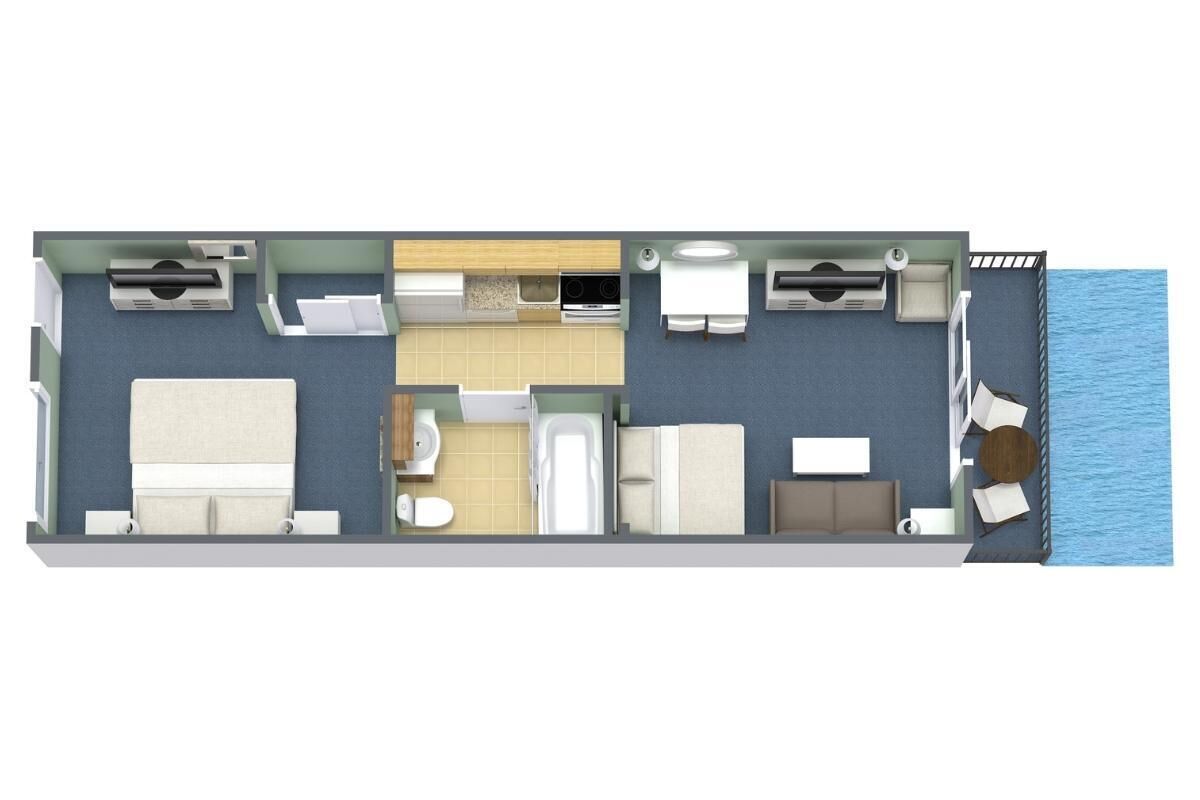 A floor plan of a hotel room with a bed, a bathroom, a kitchenette, and a seating area by a window.