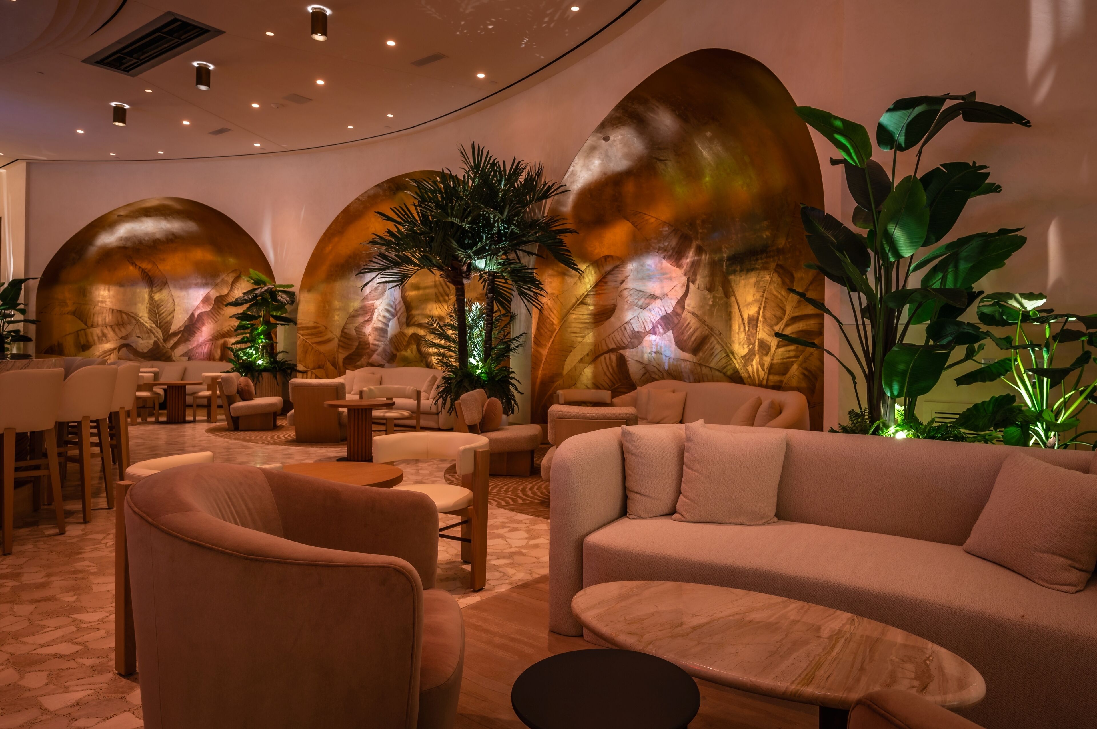 A modern lounge area with sofas, chairs, and a large plant.