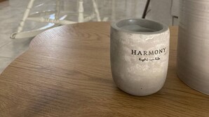 Un salon moderne avec un fauteuil à bascule blanc, une plante en pot et une tasse en céramique posée sur une table en bois.