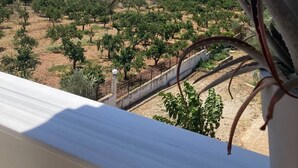Un balcon offrant une vue sur un paysage désertique, avec des montagnes et un ciel dégagé.
