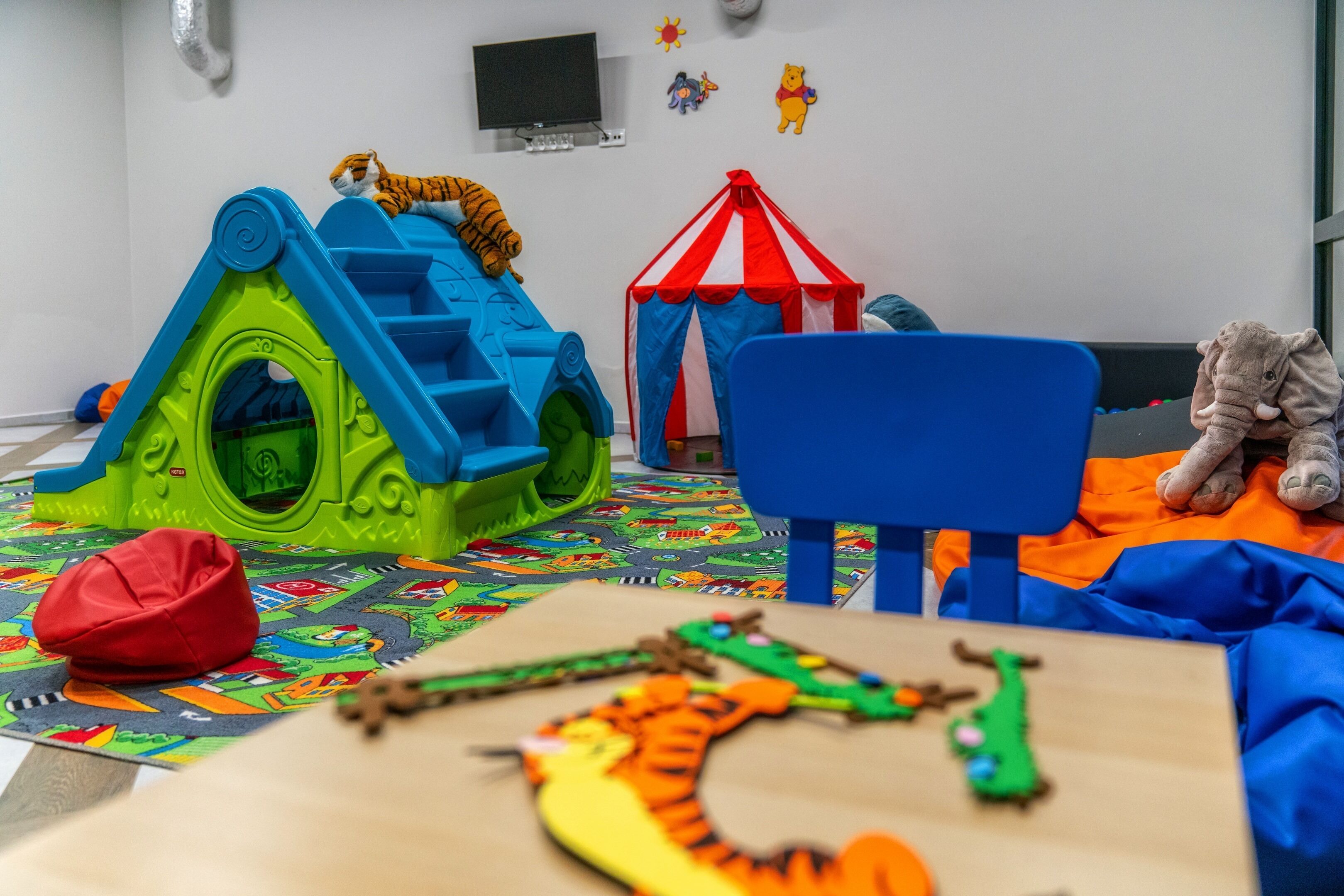 A play area with a slide, a tent, and various toys.