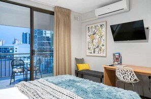 1 bedroom, desk, iron/ironing board, travel cot