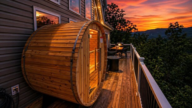 Ein Holzbadezuber auf einer Terrasse mit Blick auf Bäume und Berge bei Sonnenuntergang.