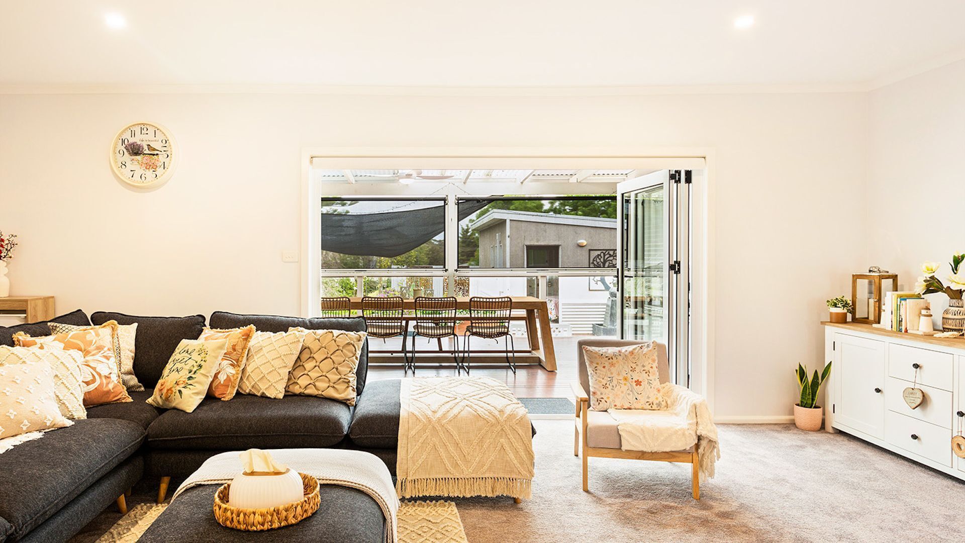 TV, fireplace, books, stereo