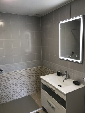 Shower, hair dryer, towels