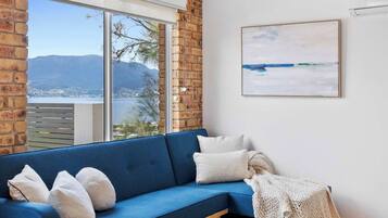 Televisio, DVD-soitin, kirjoja, työhuone