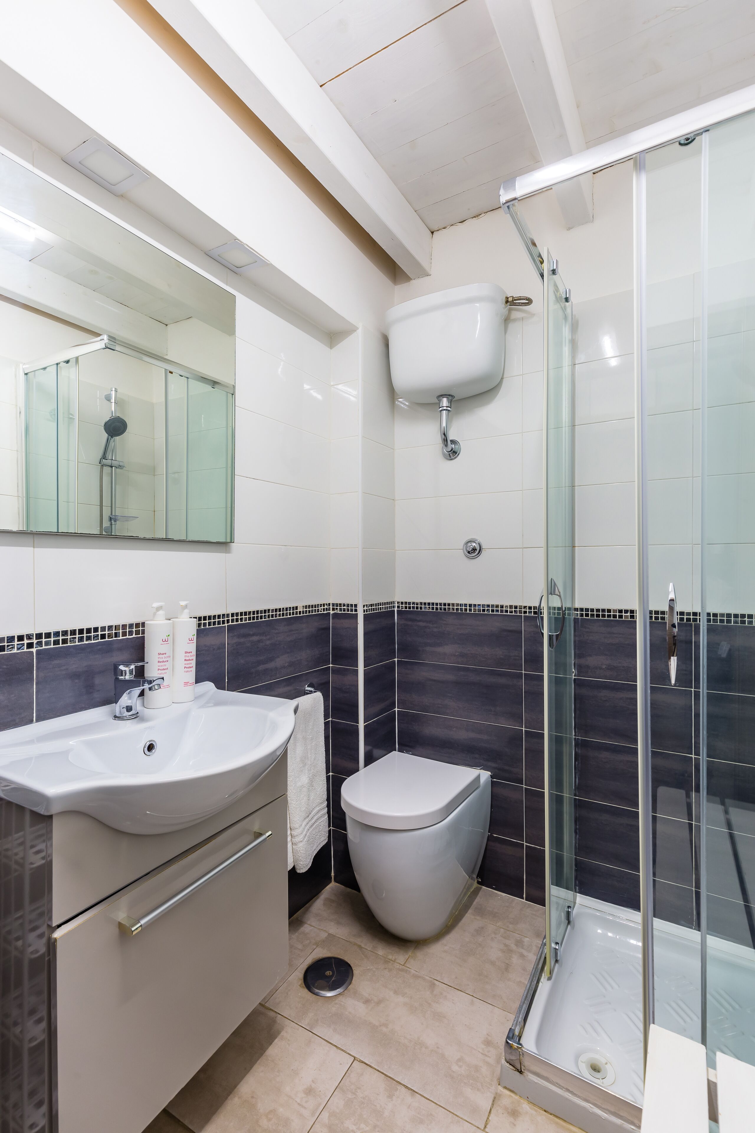 A modern bathroom with a glass shower enclosure, a white sink, and a toilet.