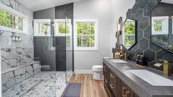 Shower, hair dryer, towels