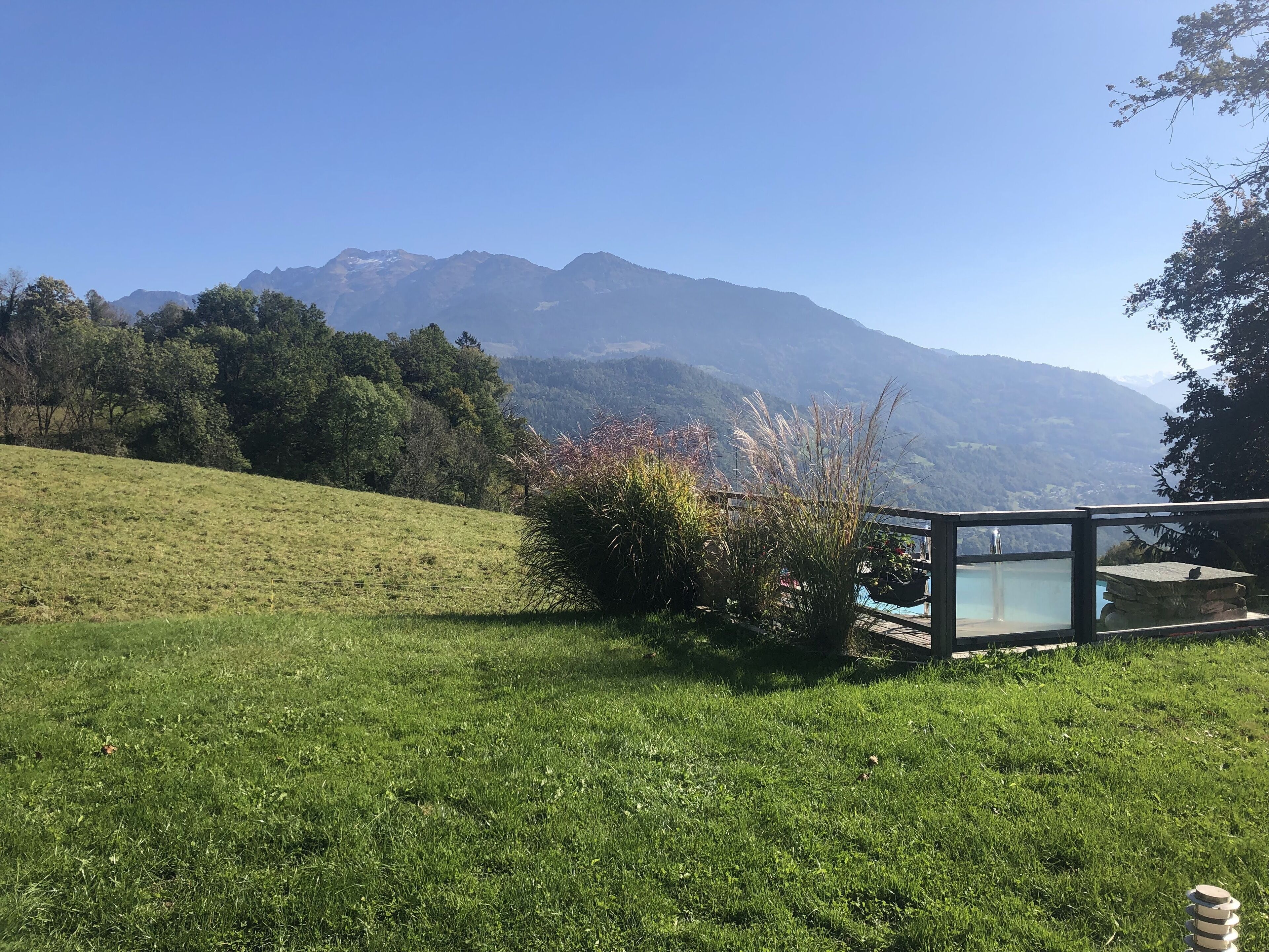 A grassy hillside with a view of distant mountains.