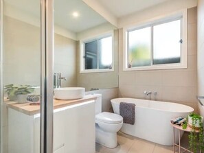 Hair dryer, towels, soap, toilet paper