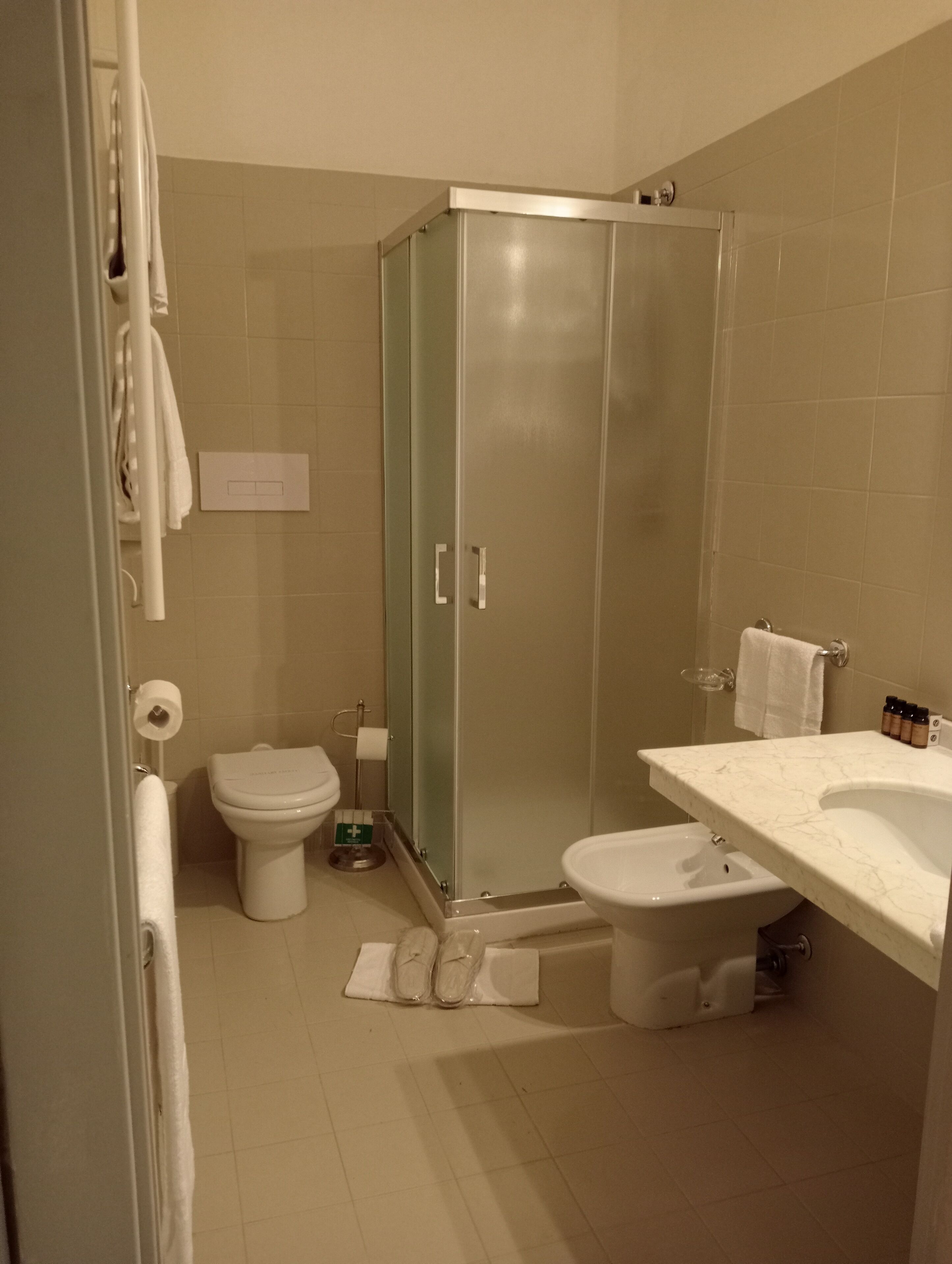 A bathroom with a glass-enclosed shower, a toilet, and a sink with a marble countertop.