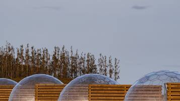Transparent dome-shaped structures with wooden benches and a grassy field in the background.