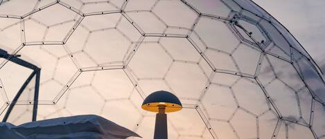Une structure en forme de dôme géodésique, avec un lampadaire au premier plan.